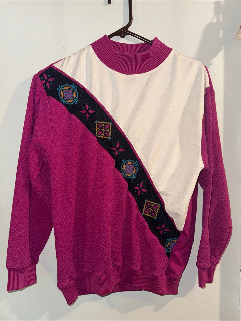 Women's Magenta Cowlneck Sweater with White Contrast Panel